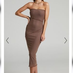 BRUNETTA MIDI DRESS - STRAPLESS MESH DRESS IN BROWN Size S